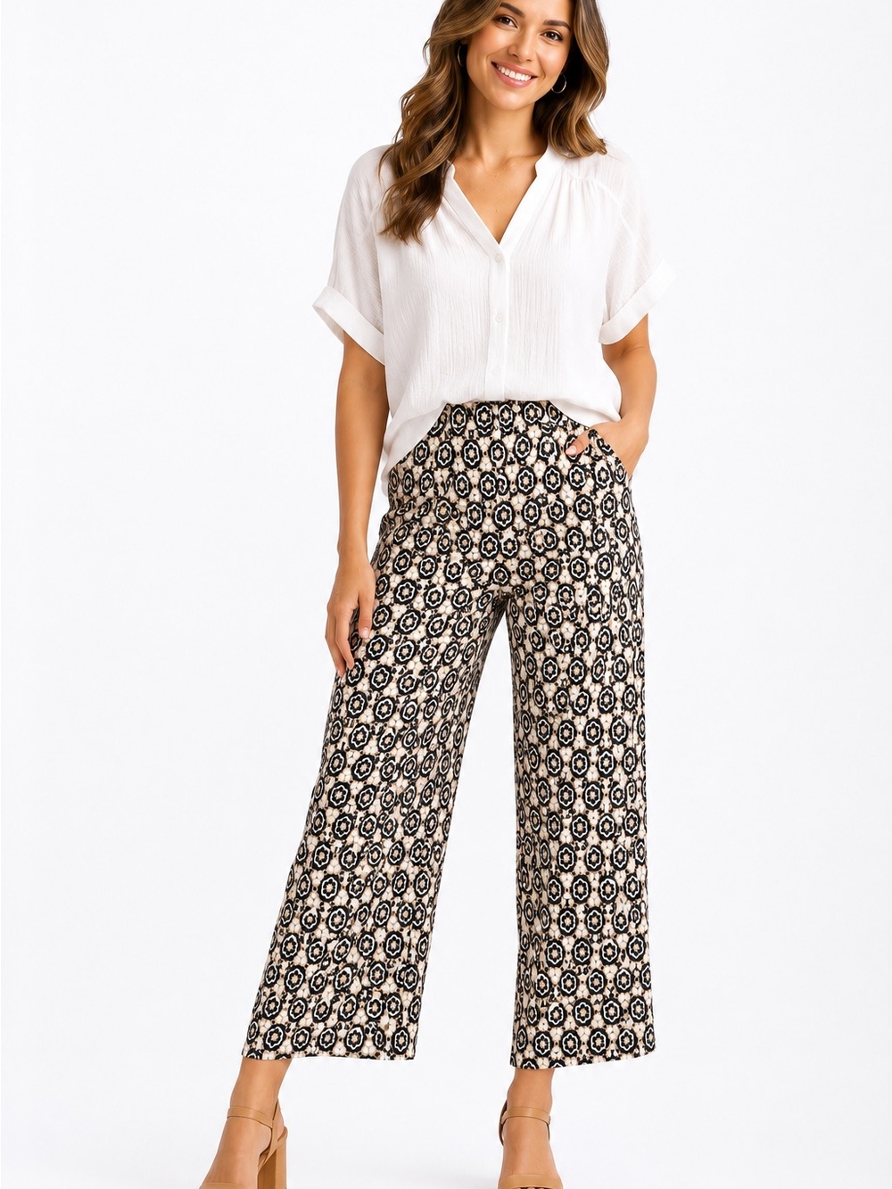 Jules & Leopold Black and Cream Geometric Wide-Leg Crop Pants